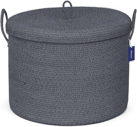 21" x 18" Extra Large storage baskets,Decorative blanket basket with lid for Living room,rope baskets with lid,wicker hamper for bedroom,Big,Round,Dark Grey