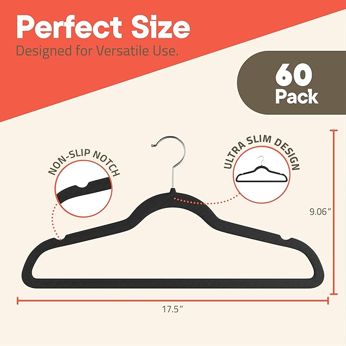 Black Velvet Hangers 60 Pack – 360° Swivel Hook, Non-Slip and Space Saving Hangers, Heavy-Duty 11 lbs Weight Capacity - Smooth Velvet Finish for Crease-Free Clothes and Effortless Closet Organization