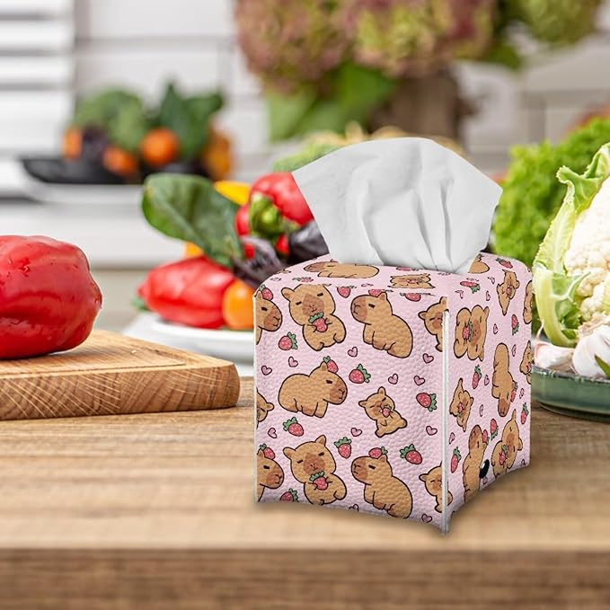 Capybara Strawberry Tissue Box Covers Foldable Square Facial Tissue Case Waterproof Facial Paper Organizers Dispenser for Bathroom Night Stand