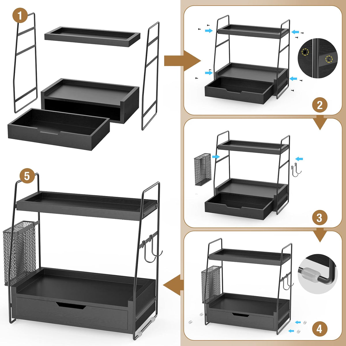 2-Tier Bathroom Counter Organizer with Drawer, Wood Counter Storage Shelf