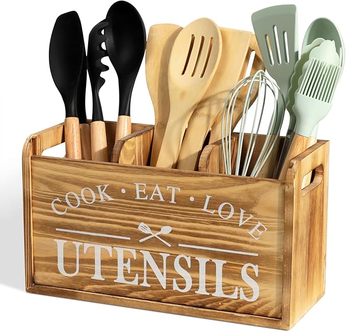 Kitchen Utensil Holder for Countertop, Large Solid Wood Farmhouse Cooking Utensils Organizer for Kitchen Counter, 3 Compartments Utensil Spoon Holder Tool Storage for Home Decor (Burned wood)