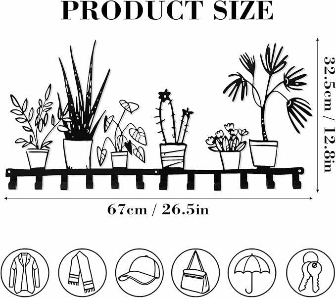 Black Metal Large Wall Mount Rack Set of 2 with 12 Hooks, Unique Wall Hooks for Clothes, Hat, Bag, Key, Cute Wall Hanger for Entryway, Front Door, Bathroom, Kitchen, Office, Home Organization