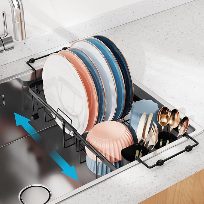 iSPECLE Small Sink Dish Drying Rack, 9" W Expandable Compact Rust Resistant Dish Drainer for RV Apartment Kitchen, Dish Rack with Lock Knob, Arms with Non Slip Rubber, Black