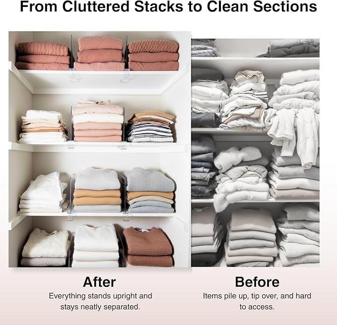 Shelf Dividers Purse Organizer for Closet: 11-inch Tall(Higher Version) Acrylic Sweater Organizer - Upgraded Extra Height for Large Handbags, Totes, Clothes, Towels on Wood Shelves 6-Pack