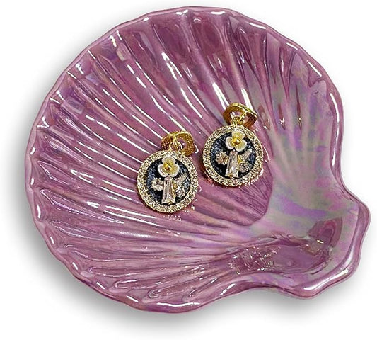 Shell Jewelry Ring Holder Dish, Seashell Jewelry Dish Tray, Ceramic Jewelry Plate Bowl, Engagement Trinket Dish, Wedding Birthday Mother's Day Christmas Gift for Women, 3.9", Purple Iridescent Surface