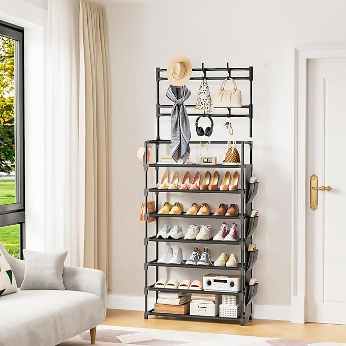 Shoe Rack 7 Tier Shoe Organizer Storage 21-28 Pairs Closet Shoes Rack for Front Door Entrance Shoe Rack Organizer with Hooks Side Pocket Entryway Large Capacity Shoe Shelf Tower Garage