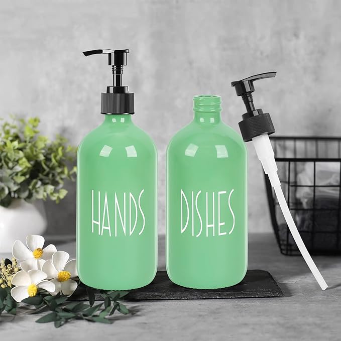 Dish Soap Dispenser for Kitchen - 16 OZ Glass Hand Soap Dispenser Set - Kitchen Bathroom Decor and Accessories (Avocado Green)