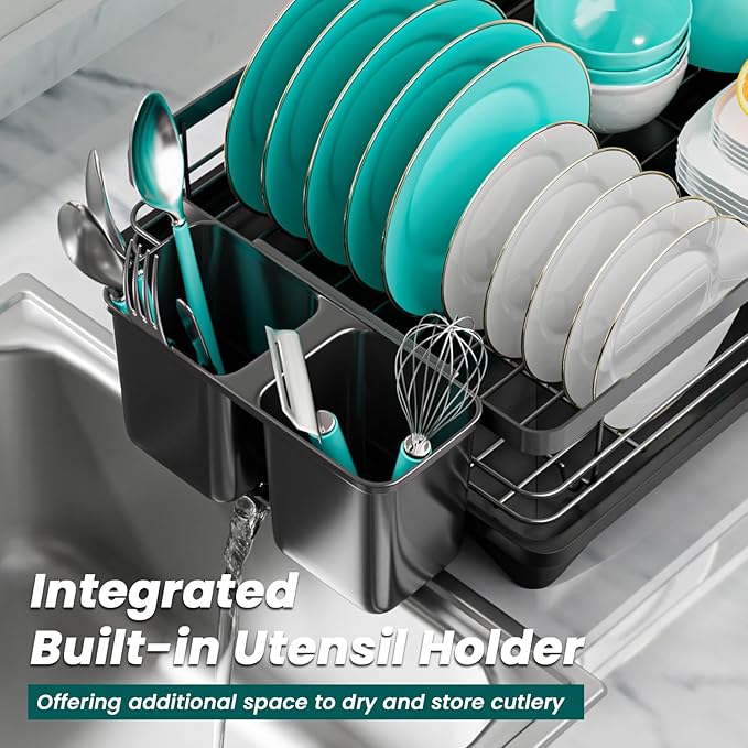 Small Dish Drying Rack for Kitchen Counter with Drainboard & Utensil Holder, Metal Dish Drainers for Kitchen with Adjustable Drain Spout, Ideal Dishes Strainers for Singles or Couples (Black)