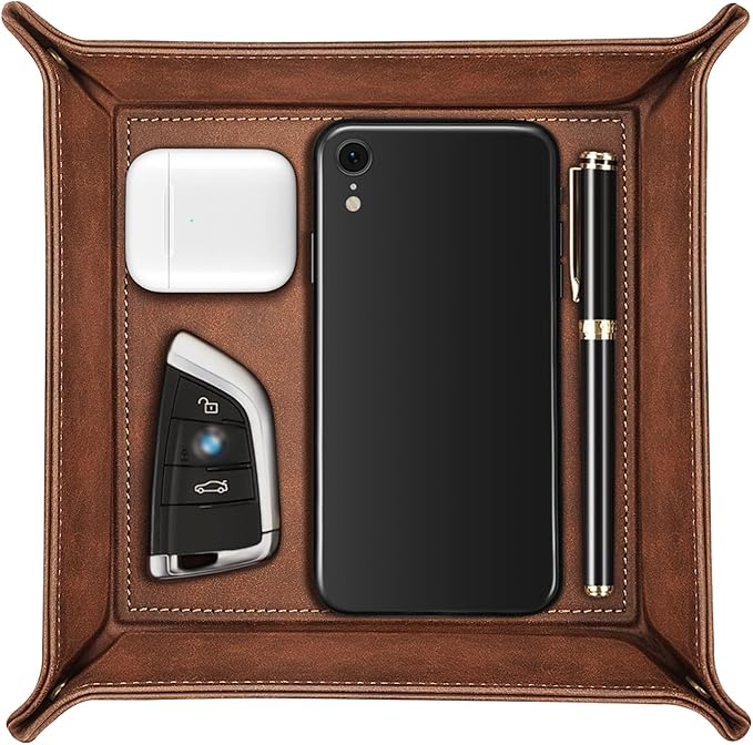 SITHON Valet Tray Desktop Storage Organizer â Premium PU Leather Catchall Bedside Vanity Tray Nightstand Caddy Holder for Keys, Phone, Wallet, Coin, Valentine's Day Gift, Brown