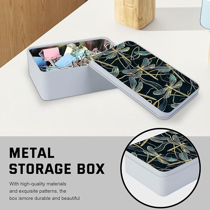 Metal Tin Box with Lid,Multi-functional Storage Box Can Store Tea Biscuits Game Cards, Playing & Tarot Cards-Comes with 4 Magnetic Cord Clips,Golden Dragonflies Pattern