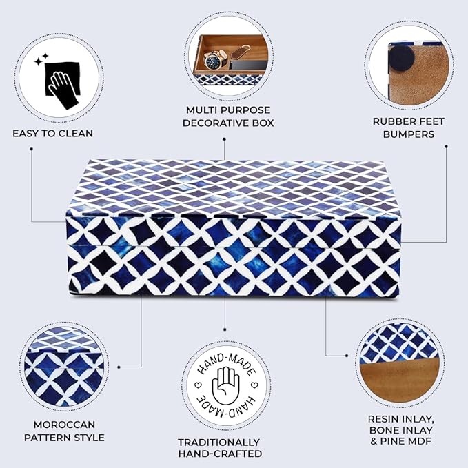 Handicrafts Home Large Decorative Storage Box with Lid â 10x6x2.5â Coffee Table Organizer, Keepsake- Decorative Boxes for Home Decor, Stylish Decorative Box for Office Decor- Blue White Star