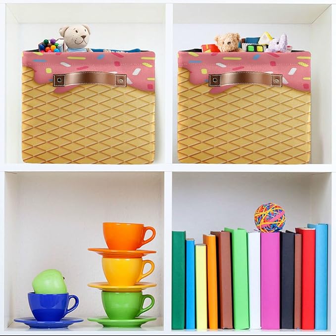 Kigai Ice Cream Cone Storage Basket Collapsible Rectangle Storage Bin Shelves Basket Organizer with Leather Handle for Closet, Office, Nursery, Home Decor