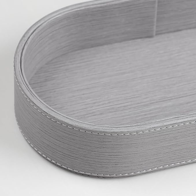Oval Desk Valet Tray, PU Leather Perfume Dish Bowl for Keys Wallet Watch, Decorative Trinket Vanity Jewelry Tray, Entryway Nightstand Organizer Women Men (Grey)