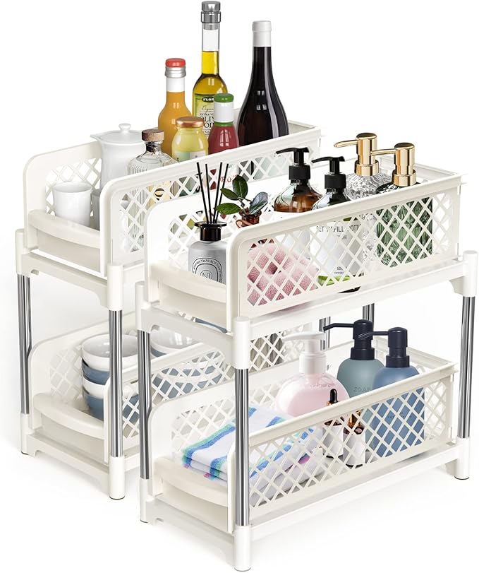 Under Sink Organizer, 2 Tier Bathroom Organizer Under Sink, Pull-Out Sliding Under Kitchen Cabinet Storage Rack, Multi-purpose Organizer Storage Shelf for Bathroom Kitchen, White, 2 Pack