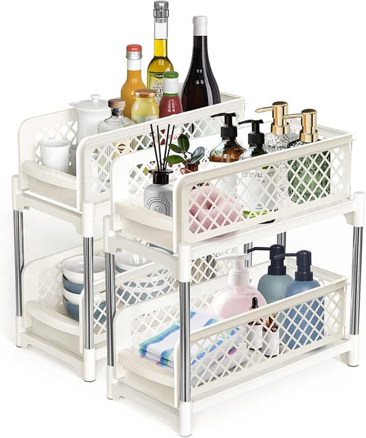Under Sink Organizer, 2 Tier Bathroom Organizer Under Sink, Pull-Out Sliding Under Kitchen Cabinet Storage Rack, Multi-purpose Organizer Storage Shelf for Bathroom Kitchen, White, 2 Pack
