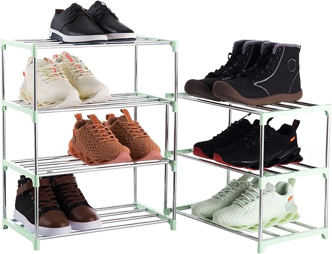 4-Tier Stackable Small Shoe Rack, Lightweight Shoe Shelf Storage Organizer for Entryway, Hallway and Closet (Green)