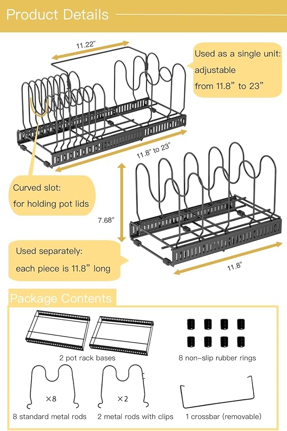 Pot and Pan Organizer for Cabinet & Drawer, Expandable Pan and Lid Rack with Handle Support Bar, Adjustable Cookware Storage for Pots, Lids, Bakeware