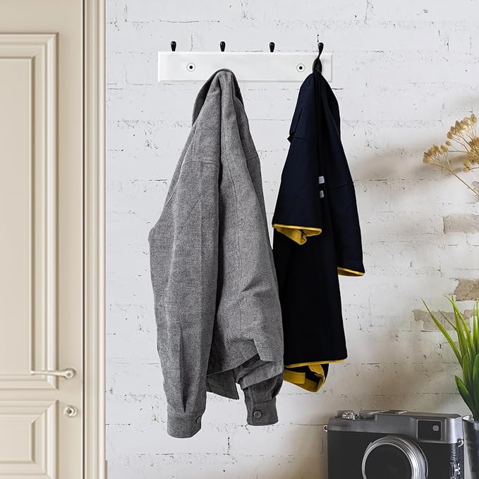 HOME MASTER HARDWARE Coat Rack Wall Mount White, MDF Wall Mounted Coat Hooks for Hanging Coats, 16" Hat Rack for Wall with 4 Matte Black Hooks