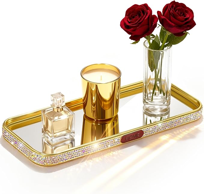 Yivaiks Bathroom Gold Tray Jewelry Perfume Makeup Organizer Decorative Tray for Vanity, Dresser, Bathroom, Bedroom Entrance Hall, Living Room(11.8IN Colorful)