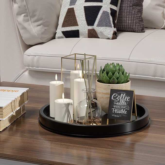 HGF Decorative Tray for Coffee Table, 12 Inch Lightweight Metal Round Serving Trays for Kitchen Counter Organizer Dining Table Centerpiece for Display Candle Vase, Black Round Tray for Bathroom Decor
