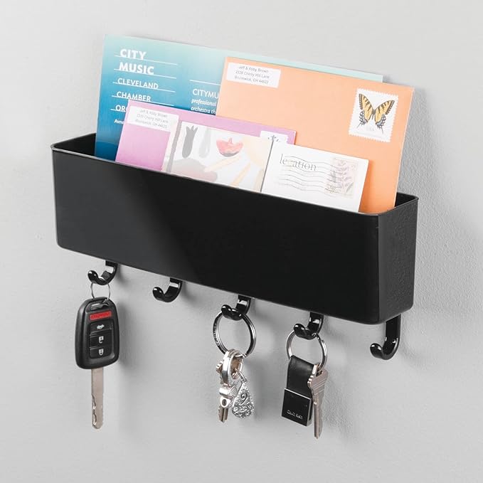 mDesign Mail, Letter Holder, Key Rack Organizer for Entryway, Kitchen - Wall Mount, Black