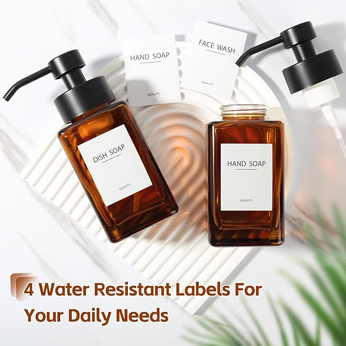 Foam Hand Soap Dispenser, 12oz/350ml Amber Foaming Soap Dispenser Set, 2Pcs Amber Glass Foam Dispenser with Foaming Pump, Labels, Refillable Square Dispenser for Bathroom, Kitchen