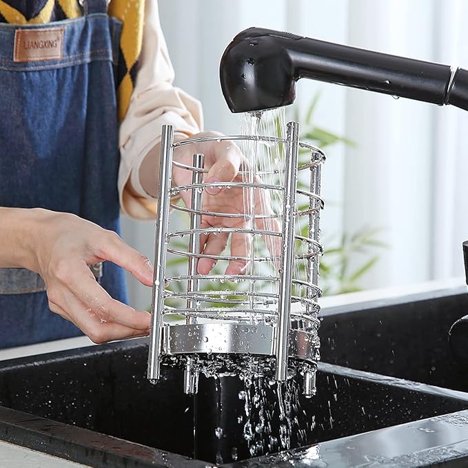 Kitchen Utensil Holder for Kitchen Counter, Stainless Steel Utensil Crocks, Utensil Storage Caddy Organizer, Cooking Utensil Holder, kitchen tools, Easy Cleaning (Silver/7.4''x5.2'')