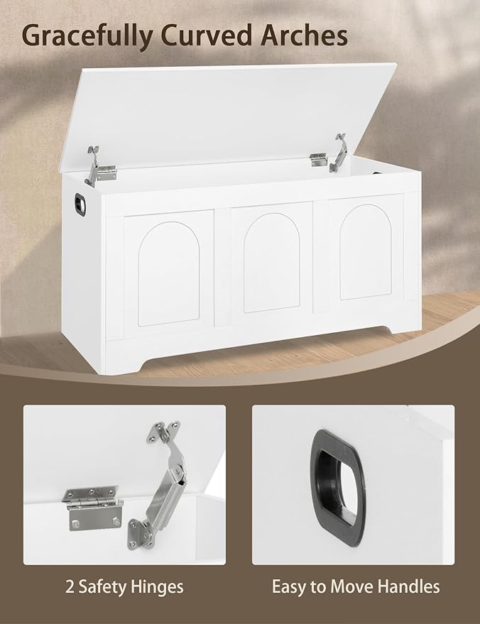 DINZI LVJ Storage Chest, 39.4â Wooden Toy Box with 2 Safety Hinges, Entryway Shoe Bench with Flip-Top, Sturdy Large Storage Trunk for Living Room, Bedroom, Playroom, Easy Assembly, White