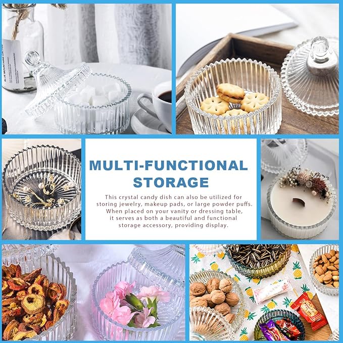 280ML/10Oz Candy Dishes Crystal Glass Candy Box with Lid Decorative Covered Food Storage Organization Sugar Bowl Cookie Jar Biscuit Jar Seasoning Jar for Home Kitchen(Clear)