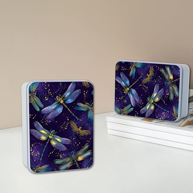 Metal Tin Box with Lid,Multi-functional Storage Large Box Can Store Tea Biscuits Game Cards, Playing & Tarot Cards-Comes with 4 Magnetic Cord Clips,Dragonflies on Purple