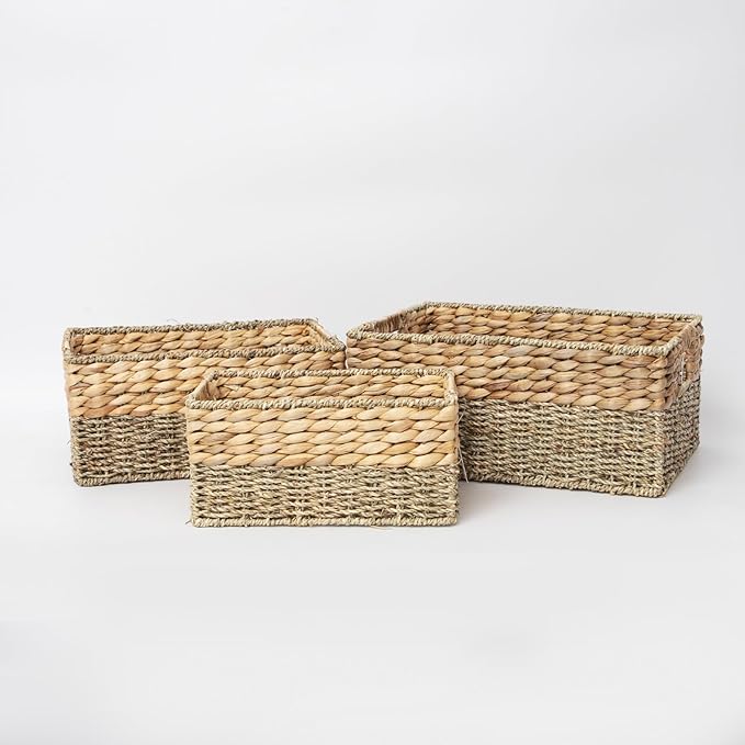YAHUAN Natural Water Hyacinth & Seagrass Woven Storage Baskets â Wicker Storage Basket Organizer Bins with Handles for Home & Office Pantry Shelf (Set of 3)