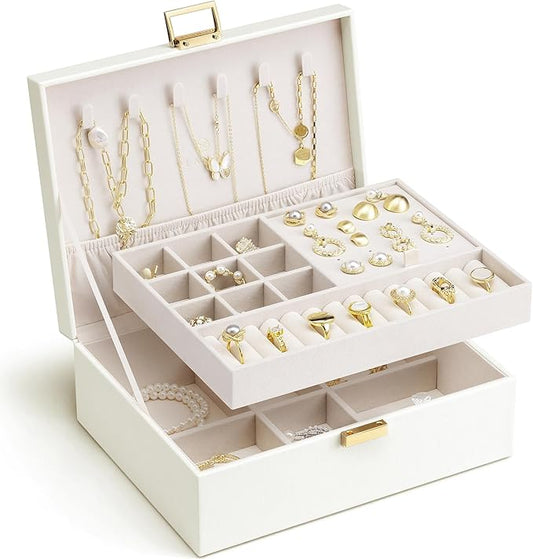 VLANDO Jewelry Box for Women, Gift for Women Girls,2 Layer Jewelry Box,Large Jewelry Organizer for Women Removable Jewelery Tray for Necklace Earrings Rings(Cream White)