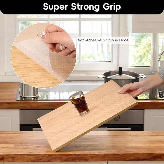 Shelf and Drawer Liner for Kitchen Cabinet，Non Adhesive Durable EVA Shelf Paper, Non Slip Waterproof Decorative Mats for Dresser Cupboard Refrigerator Bathroom Grip Shelves（Clear,20 in X 20 Ft ）