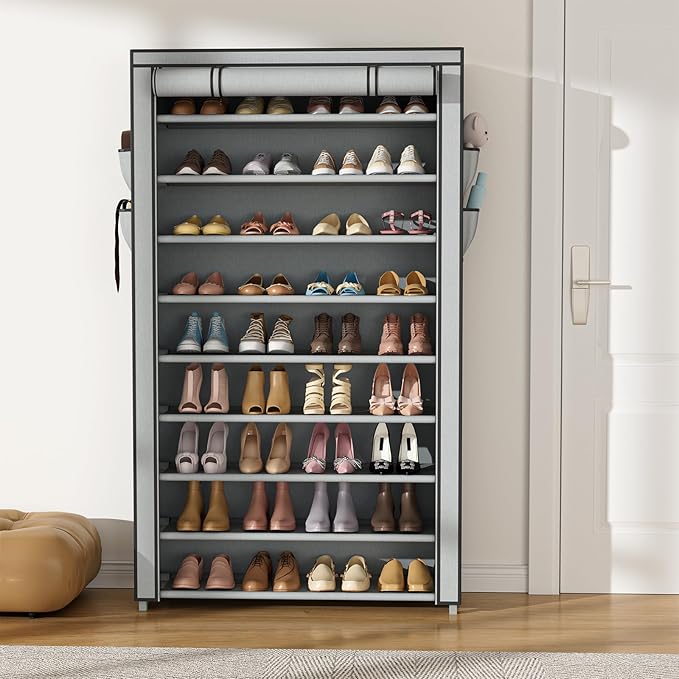 Shoe Rack with Cover Narrow Shoe Organizer with Pockets 10 Tier Tall Shoe Storage Holds 36-41 Pairs Shoes and Boots Shoe Rack for Closet Entryway Garage, Grey