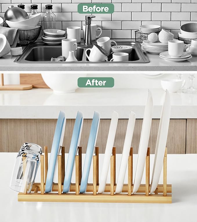 Bamboo Dish Drying Rack, Plate Organizer for Kitchen Cabinet, Vertical Plate Lid Holders for Plates, Cups, Cutting Boards, Utensils Cabinet or Countertop Storage