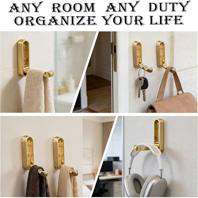 Foldable Gold Wall Hooks for Hanging Purses, Heavy Duty Folding Coat Hooks, 2 Pack Purse Hook for Wall that Stays Flat, Towel Robe Hooks for Bathroom, Closet, Entryway, Zinc Alloy ﻿ ﻿