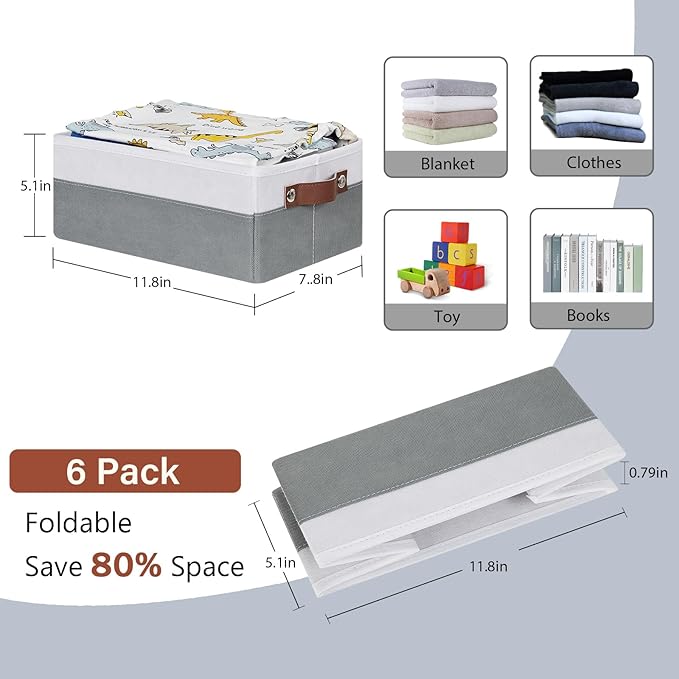 HNZIGE Fabric Storage Bins for Organizing Shelves, 6 PCS Small Foldable Closet Bins with Handles, Home & Office (White & Gray, 11.8 x 7.8 x 5.1)