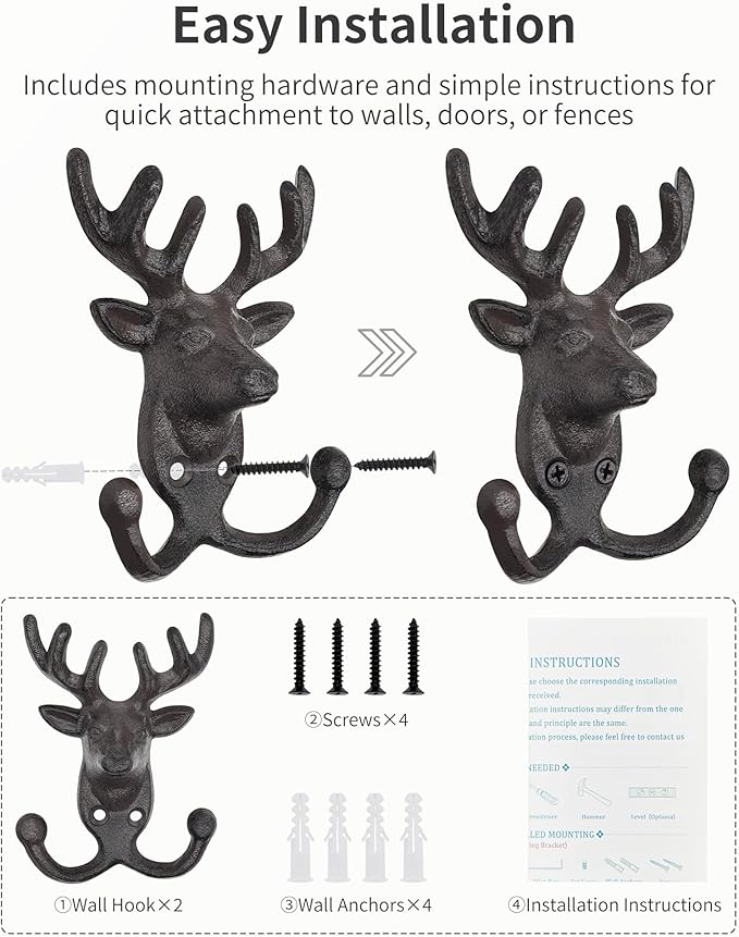 Rustic Deer Head Cast Iron Wall Hooks - Heavy Duty Decorative Coat Hooks Wall Mount for Hanging Key Hat Towel Leash, Vintage Animal Decor Hanger for Farmhouse Cottage Entryway Mudroom 2 Pack