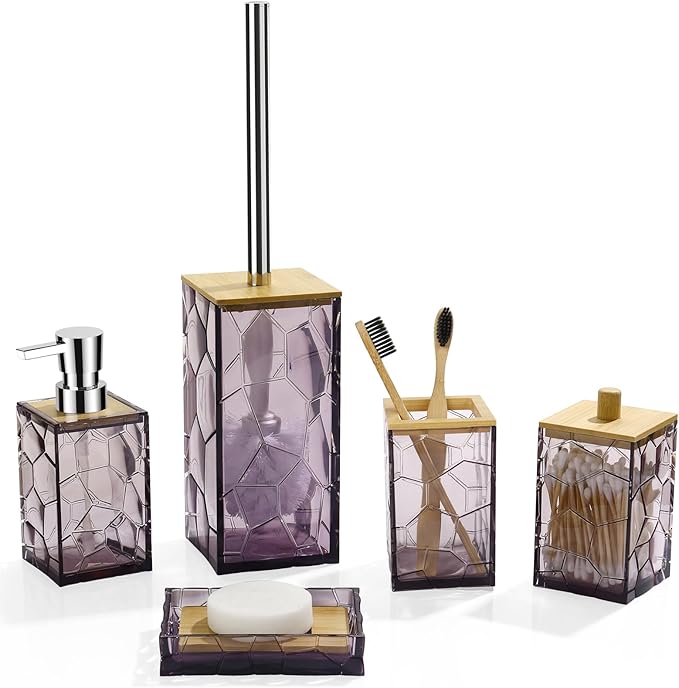Lavender Purple Bathroom Accessories Set, Toothbrush Holder, Soap Dispenser, Cotton Swabs Holder, Soap Dish, Toilet Brush with Holder, Bamboo Bathroom Decor,Acrylic (Purple)