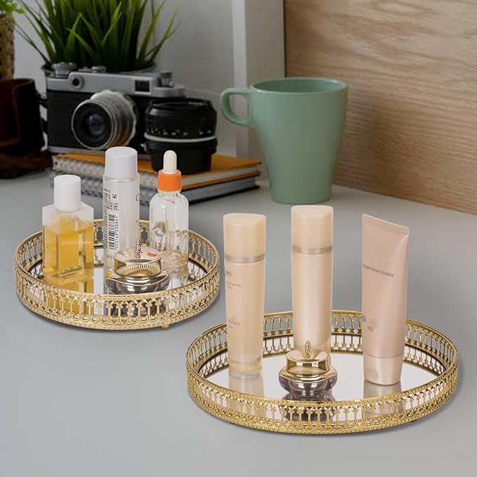 Gold Mirrored Vanity Tray for Bathroom Counter,Metal Decorative Jewelry Storage Tray Cosmetic Perfume Organizer for Dresser,Bedroom,Home Decor,Suit for Candle Holder,Coffee Table Centerpiece,S