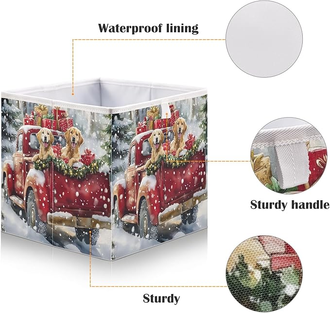 Bolaz Christmas Red Truck Two Dog Closet Organizers Storage Cubes Storage Bins Shelf Baskets Containers for Home Room Office,Rectangle