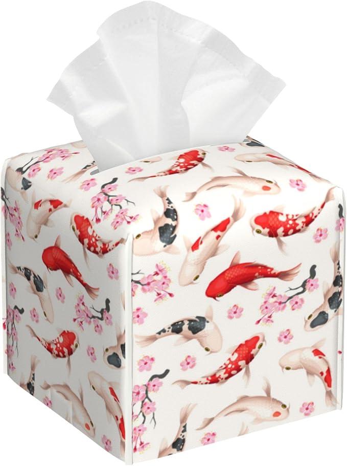 Tissue Box Holder Koi Fish and Cherry Blossom Square Leather Tissue Box Cover Modern Cube Facial Paper Cover Case for Bathroom Vanity Countertop Night Stands Tabletop