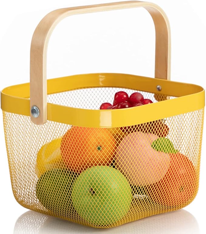 Mesh Steel Storage Organizer Basket Fruit Basket Bin with Wood Handle Ideal for Kitchen Bathroom Picnic Baskets Pantry Cabinets Storage Home Decor (Lemon Yellow)