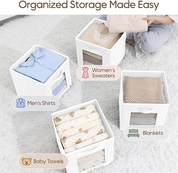 Storage Cube 11 Inch - Cube Storage Bins with Window, Closet Storage Baskets with Handle, Fabric Bins for Closet, Shelves, Toys, Clothes, Set of 8, White