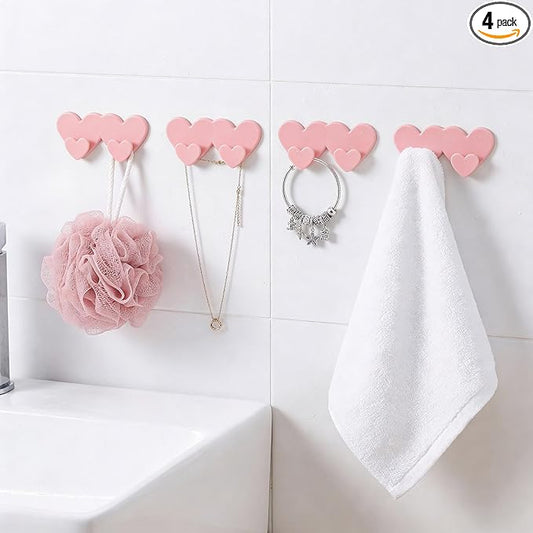 4 Packs Heart Shaped Wall Hooks - Adhesive Coat Rack Mount, Damage Free Hanging Hooks for Bathroom Kitchen Decor (Pink)