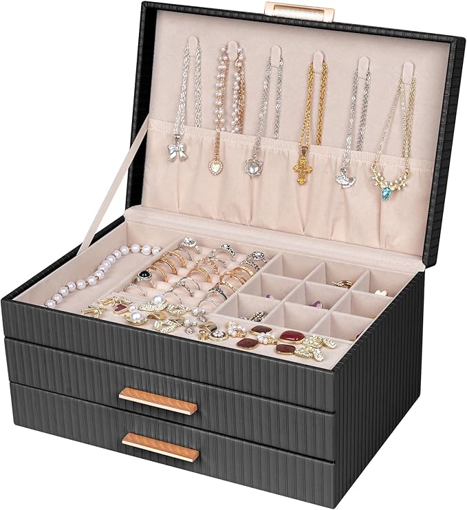 Dajasan Jewelry Boxes for Women, Jewelry Storage Organizer with 2 Drawers, Jewelry Organizer Box for Necklaces Rings Earrings Bracelets, Gift Idea, 10.71 x 7 x 5.6 Inches (Black)