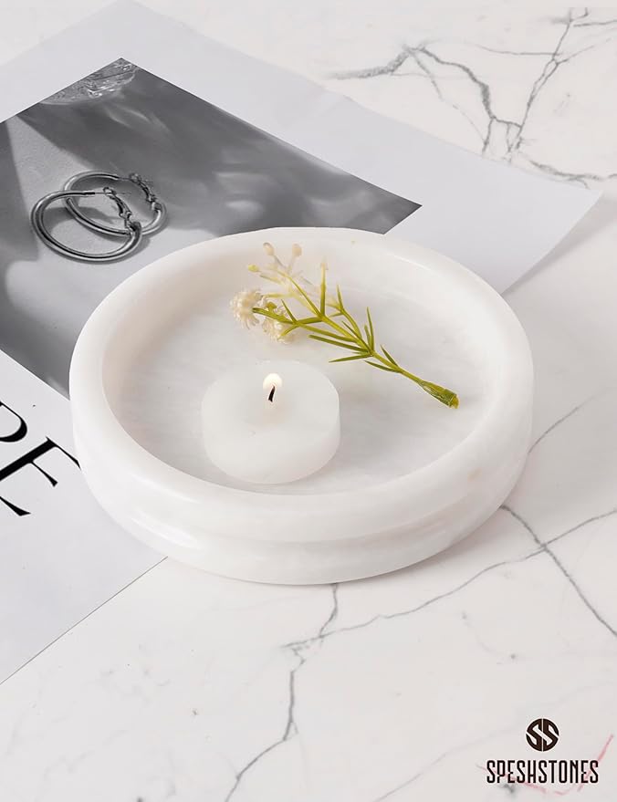 Marble Jewelry Dish 5 Inch Handmade White Jewelry Tray for Vanity Decor - Stone Trinket Dish, Marble Ring Holder, Key & Candle Plate for Entryway Table