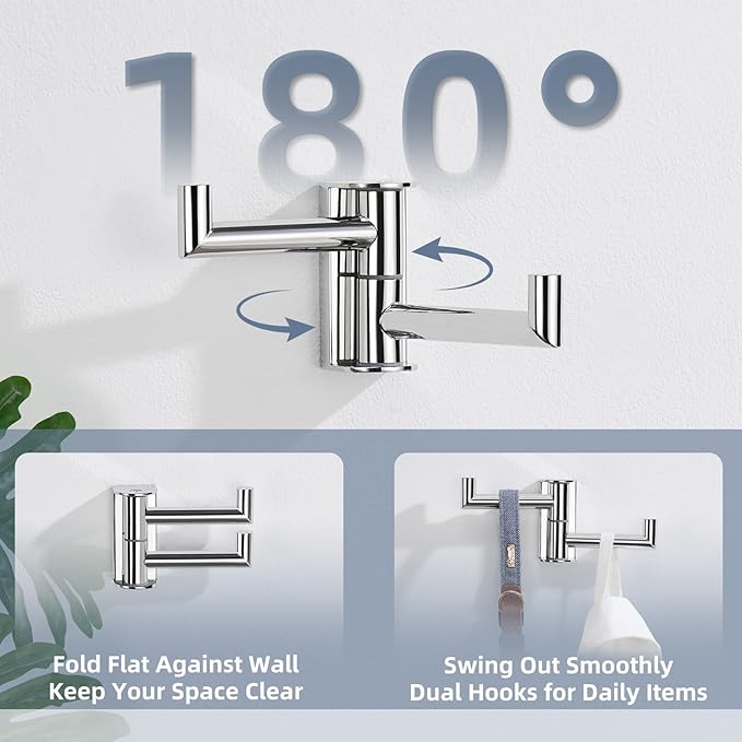 Polished Chrome Swivel Towel Hooks 2 Pack, 304 Stainless Steel Wall Mounted Foldable Double Coat Hooks, Max 11lbs Heavy Duty Bathroom Hand Towel Holders