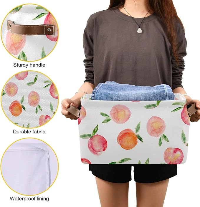 susiyo Large Foldable Storage Bin, Watercolor Peaches Fabric Storage Baskets Collapsible Decorative Baskets Organizing Basket Bin with PU Handles for Shelves Home Closet Bedroom Living Room-2Packs