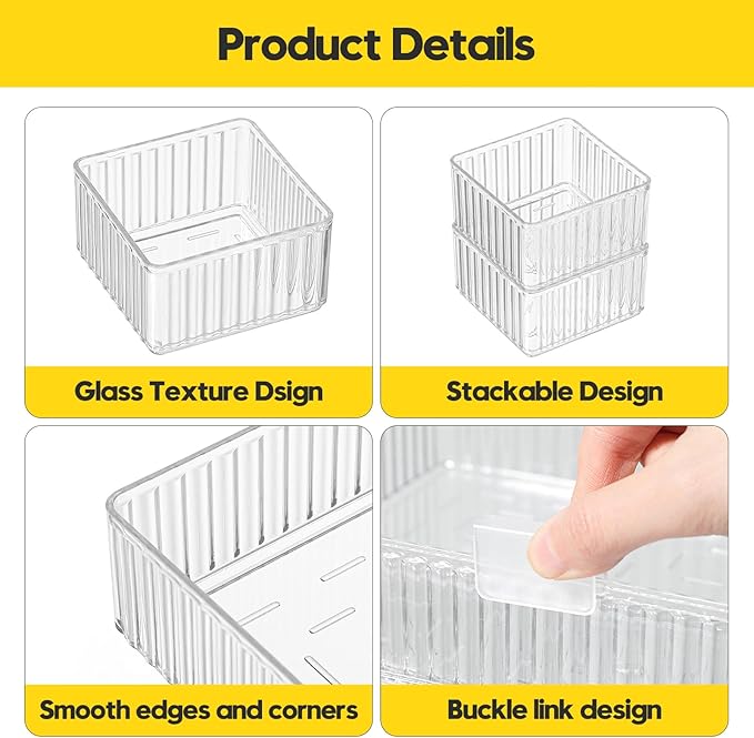 7 PCS Clear Drawer Organizer Bins with Locking Clips, Interlocking Non-Slip Stackable Drawer Trays, 4 Sizes for Makeup Vanity, Bathroom, Office & Kitchen